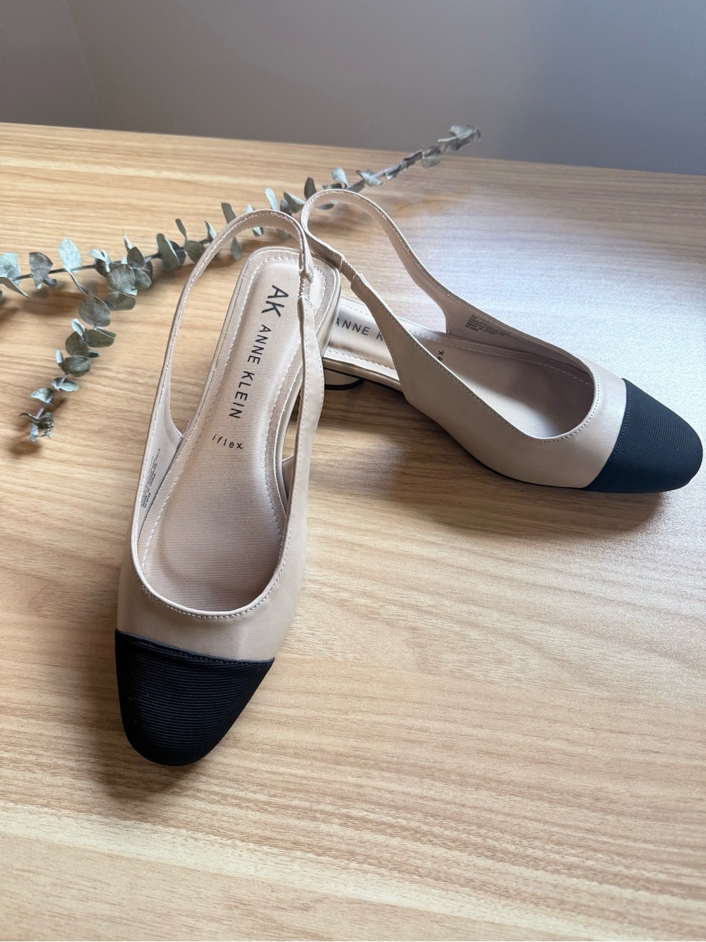 Anne Klein Two-Tone Beige Slingback Flats with Black Cap Toe